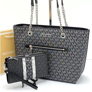 MICHAEL KORS Metallic Logo Chain Tote Bag & LARGE DOUBLE ZIP WRISTLET WALLET